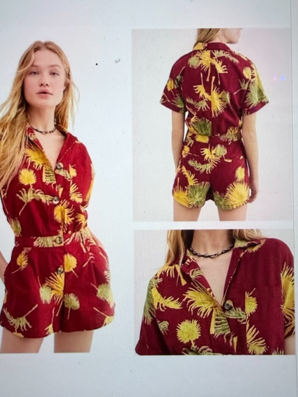 Free People NWT Maroon Palm Print Button Front Romper Size Small